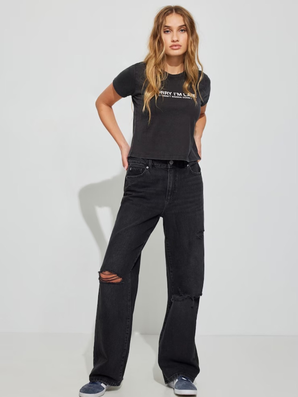 Garage Washed Black Relaxed Wide-Leg Distressed Denim Jeans